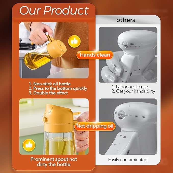 YARRAMATE 16oz/470ml Glass Olive Oil Sprayer for Cooking with Stickers, 2 in 1 Oil Dispenser for Kitchen Gadgets, Food Grade Premium Spray Bottle with Portion Control for Salad, Frying, BBQ (Orange)