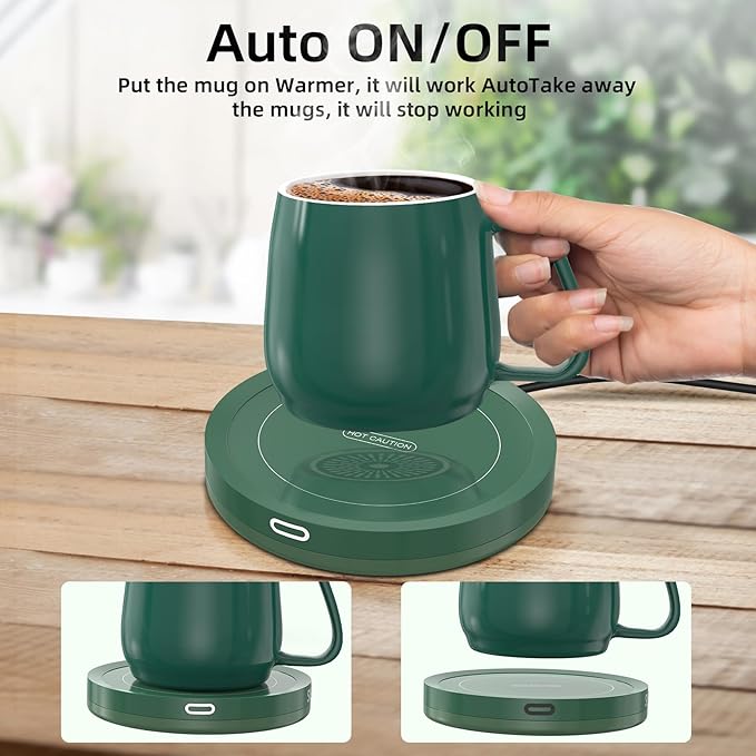 BESTINNKITS Smart Coffee Cup Warmer Set, Auto On/Off Gravity-Induction Mug Office Desk Use, Candle Wax Cup Warmer Heating Plate (Up to 131F/55C), Green Mug Warmer Set