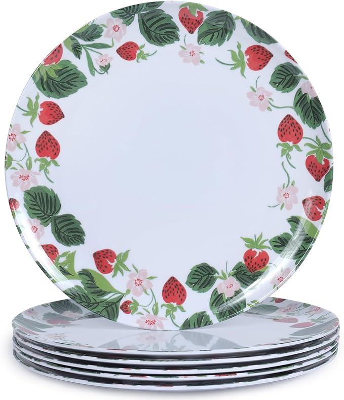 6-Pack Melamine Dinner Plates - 10 Inch Lightweight, Durable & Unbreakable Round Plates for Indoor/Outdoor Use - Strawberry