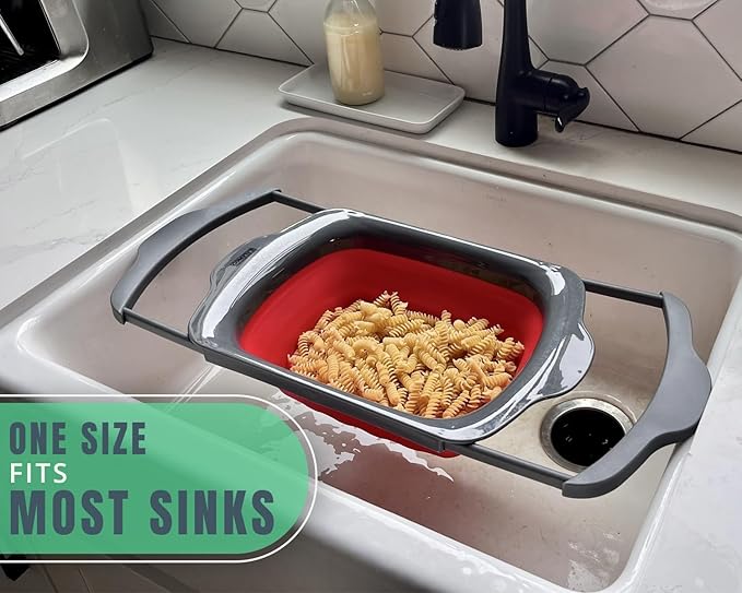 XL Large Kitchen Strainer by Comfify - Collapsible Silicone Over-The-Sink Colander with Extendable Handles - Use with Pasta, Fruit, Berries & Veggie - 6 Quart - Red