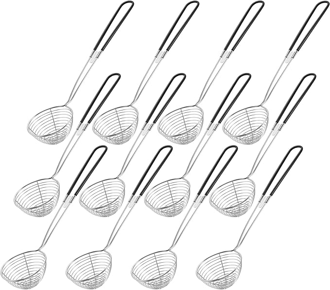 Geiserailie 12 Pieces 6 Pieces Hot Pot Kit Strainer Scoops Stainless Steel 2.5 Inch Mini Spider Strainer Skimmer Pasta Mesh Spoon Asian Skimmer Spoon Ladle with Handle for Home (Black)