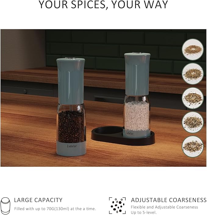 Salt and Pepper Grinder Set with LED Power Display,Larger Capacity Salt and Pepper Shakers Set Electric Rechargeable with Flexible Coarsenes,LED Light,One Hand Operation for Kitchen(Blue)