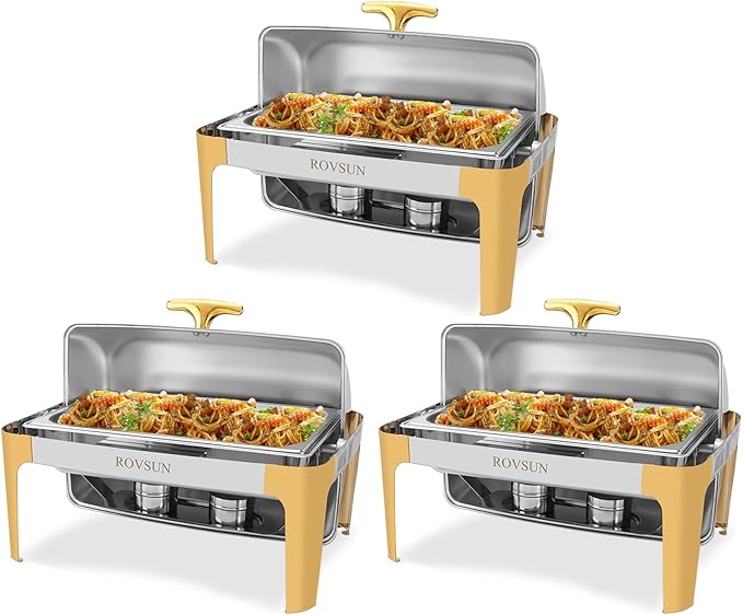ROVSUN 3 Packs Roll Top Chafing Dish Buffet Set Gold Accent,NSF 9 Quart Rectangular Stainless Steel Chafer, Buffet Servers and Warmers Set Warming Tray for Wedding, Parties, Banquet, Catering Events