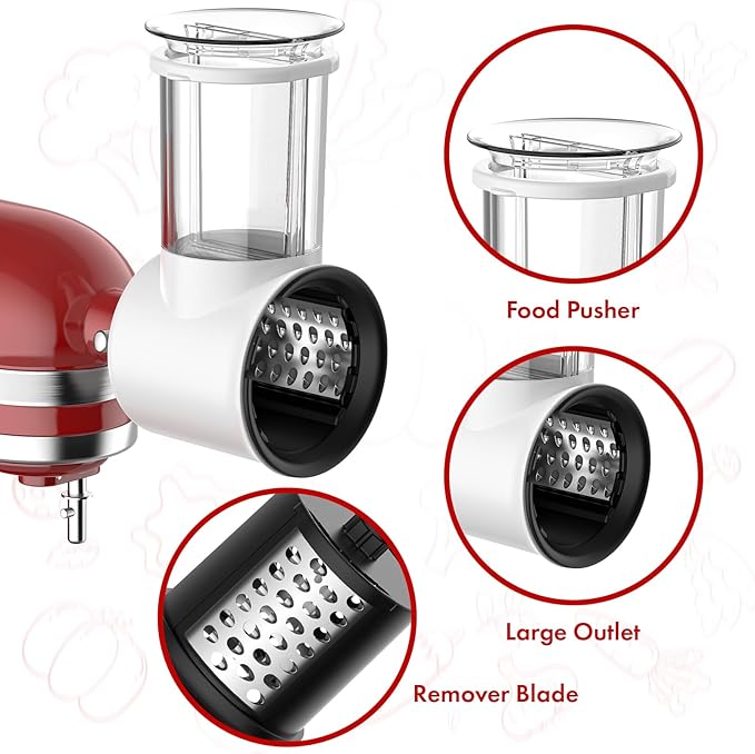 Cheese Grater Attachment for Kitchenaid Stand Mixer - with 5 Blades, Vegetable Shredder, Cheese Grater, Salad Maker, Food Slicers Chopper Grinding Powder