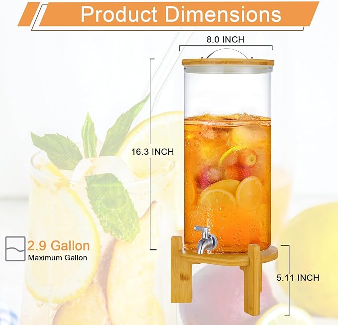 Beverage Dispenser,2.9 Gallon Glass Drink Dispenser with Stand,Glass water dispenser with Spigot, Large Drink Dispensers for Parties,Water Dispensers for Bar,Wedding,Restaurants 11L