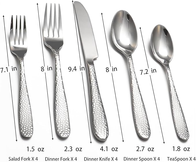 Hammered Silverware Set, 20 Piece Stainless Steel Heavy Duty Flatware Set for 4, Food-Grade Tableware Cutlery Set for Home Restaurant, Mirror Polished, Dishwasher Safe