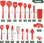 E-far Silicone Cooking Utensils Set, 25 Piece Kitchen Utensils with Holder, Non Toxic Kitchen Tools Spatula, Turner, Spoon, Ladle for Nonstick Cookware, Heat Resistant & Dishwasher Safe - Red