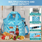 Iknoe Large Cooler Bag Collapsible, Insulated Bags Leakproof Lunch Cooler Tote with Multi-Pockets for Adult, Insulated Lunch Box for Beach, Picnic, Work, Blue White 24-Can (15L)