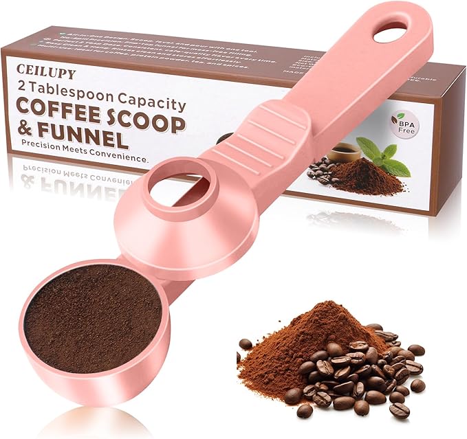 2-in-1 Coffee Scoop with Funnel, 2 Teaspoon Measuring Spoon for Reusable K Cups, Ground Coffee, Protein Powder & Tea, Mess-Free Plastic Design (Pink)