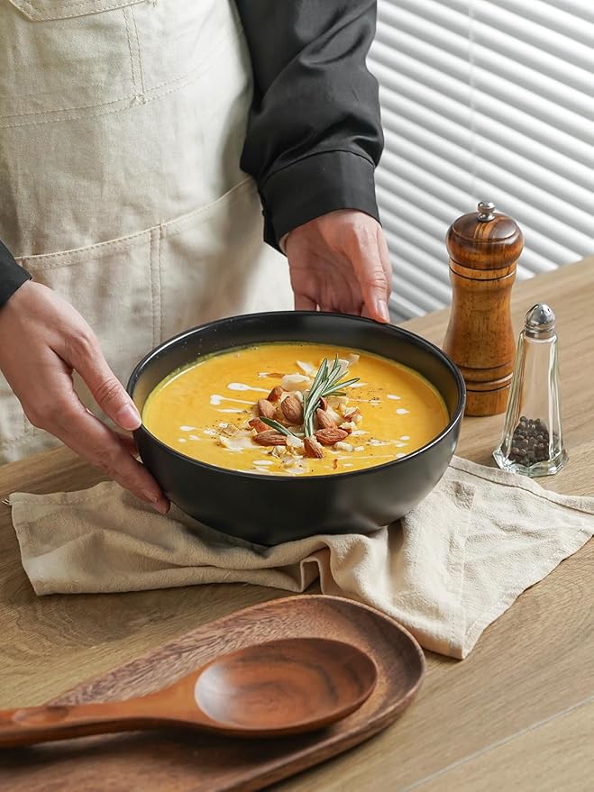 Kanwone Large Serving Bowls - 55 Ounce, Ceramic Salad Bowls, Pasta, Porcelain Soup Bowls, Set of 2, Serving Dishes for Entertaining, Microwave and Dishwasher Safe, Matte Black, Housewarming Gift