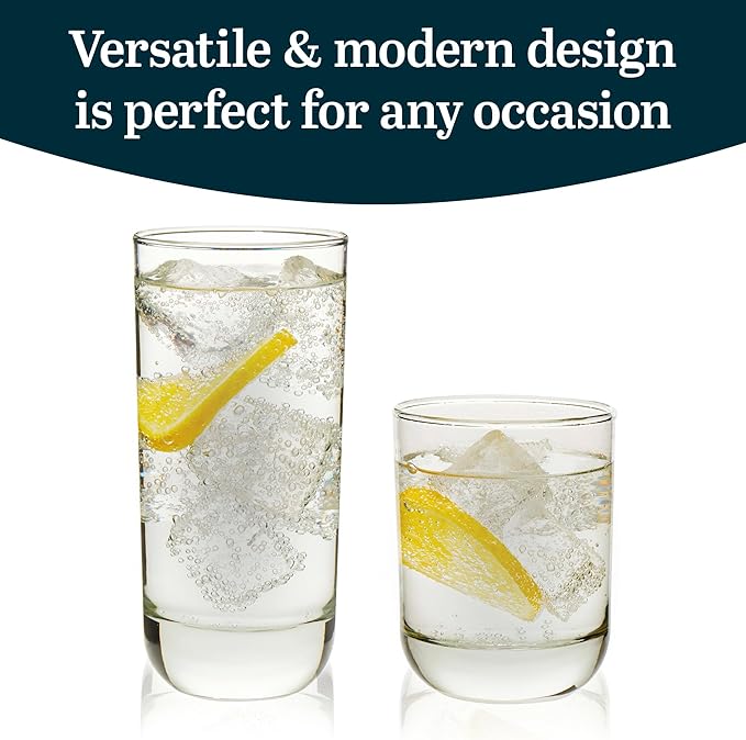 Libbey Polaris Tumbler and Rocks Glass Set, Elegant Drinkware Glasses Set,, Tall Drinking Glasses with Modern Clean Lines, Dishwasher Safe Drinking Glasses Set of 16