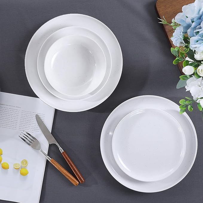Webbylee 12-Pieces Melamine Dinnerware Set - Unbreakable Plates & Bowls Set for 4, Lightweight Kitchen Dishes Idear for Camping, Picnic, Party,White & Grey
