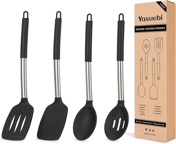 Kitchen Utensils Set of 4 Pack,Silicone Cooking Utensils Set for Nonstick Cookware,Perfect for Baking and Mixing,Spatula Set BPA Free,Dishwasher Safe,Black