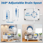 2 Tiers Dish Drying Rack, Space-Saving Dish Racks for Kitchen Counter, Dish Drainer Drying Rack with Drainboard, Utensil Holder Cups Holder and Adjustable Swivel Spout, White