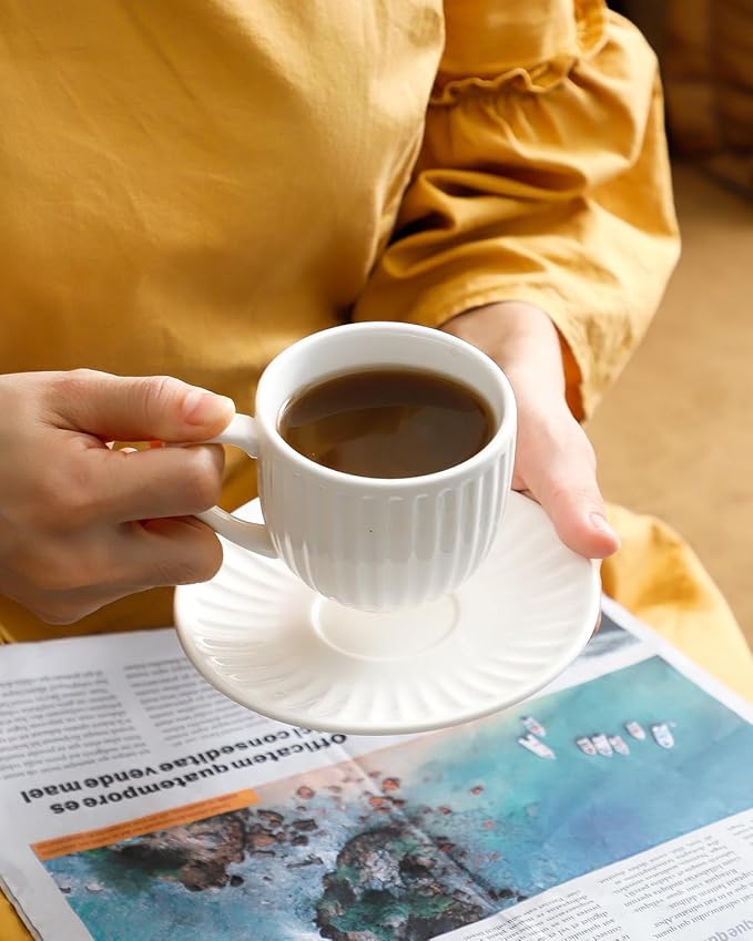 Hasense 6 Oz Cappuccino Cups with Saucers Ceramic, Ribbed Espresso Cups Set of 4 for Coffee,Tea,Latte and Macchiato, Aesthetic Gift for Anniversary or Holiday, Mix-Color