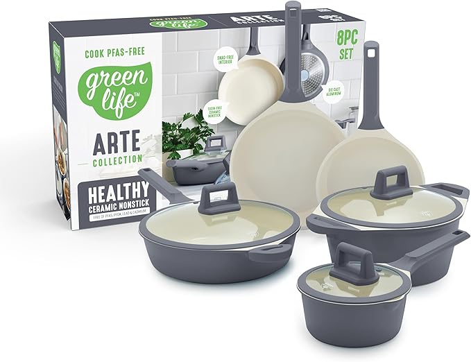 GreenLife 8 Piece Ceramic Nonstick Cookware Set, Induction Suitable Non Toxic PFAS-Free Pots & Pans, Dishwasher Safe, Cooking Set, Stock Pot, Saucepans & Frying Pans, Kitchen Cooking, Graphite