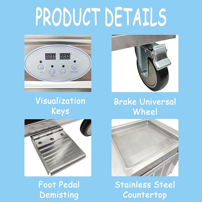 Commercial Fried Ice Cream Machine Single Pan Commercial Ice Roll Maker 20" Square Fried Ice Cream Pan Yogurt Fry ice Cream Machine for Bars/Cafes/Dessert Shops