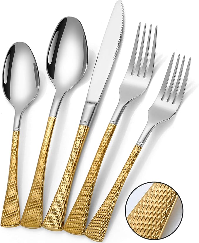 Lemeya Hammered Silver Gold Silverware Set,20 Piece Modern Flatware Set Service for 4,Mirror Polished Stainless Steel Cutlery Set Utensil Set Tableware,Kitchen Knives Forks Spoons Set,Dishwasher Safe