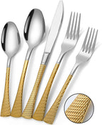 Lemeya Hammered Silver Gold Silverware Set,20 Piece Modern Flatware Set Service for 4,Mirror Polished Stainless Steel Cutlery Set Utensil Set Tableware,Kitchen Knives Forks Spoons Set,Dishwasher Safe
