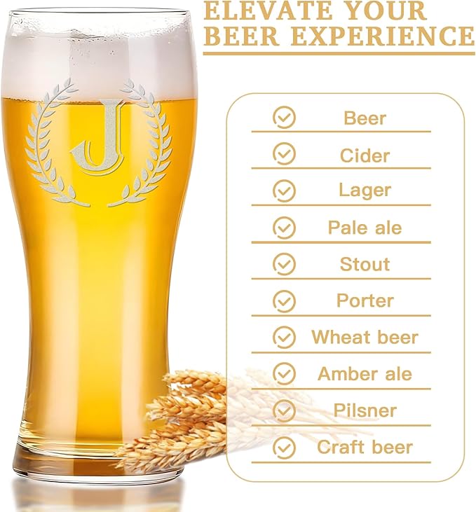 Personalized Etched 21oz Pint Beer Glass, (Letter J) A-Z Personalized Gifts for Him, Customized Pint Glasses, Custom Initial, Birthday Gift for Men Brother Husband