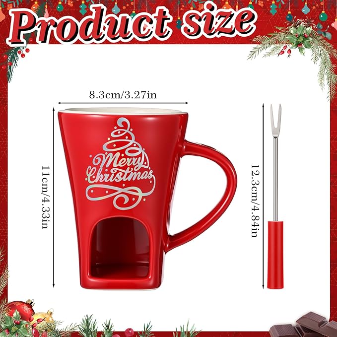 Honeydak Christmas Chocolate Fondue Mug with Fork and 3 Candle Sweet Ceramic Personal Chocolate Melting Cup Ideal Xmas Gifts Birthday Date Night Birthday Wedding Gifts(Red,Classic)
