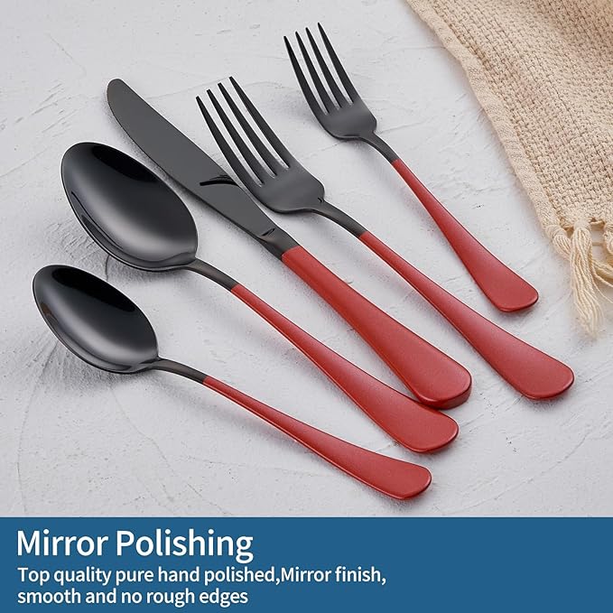 20-Piece Red Silverware Set 18/0 Stainless Steel Black Silverware Set Red Handle Cutlery Black Set Service for 4 Dinner Knives Forks Spoons Set Black Flatware SetFinish Dishwasher Safe