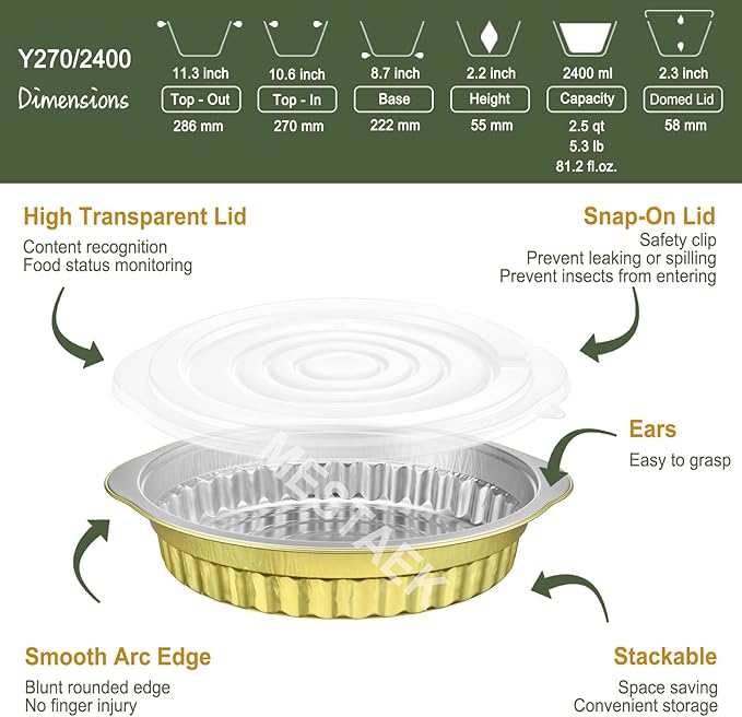 10.5" Aluminum Foil Pans with Integrated Handles and Snap-On Lids (10 pcs) | 2X Thickness Heavy-Duty Reusable Tin for Baking and Cooking