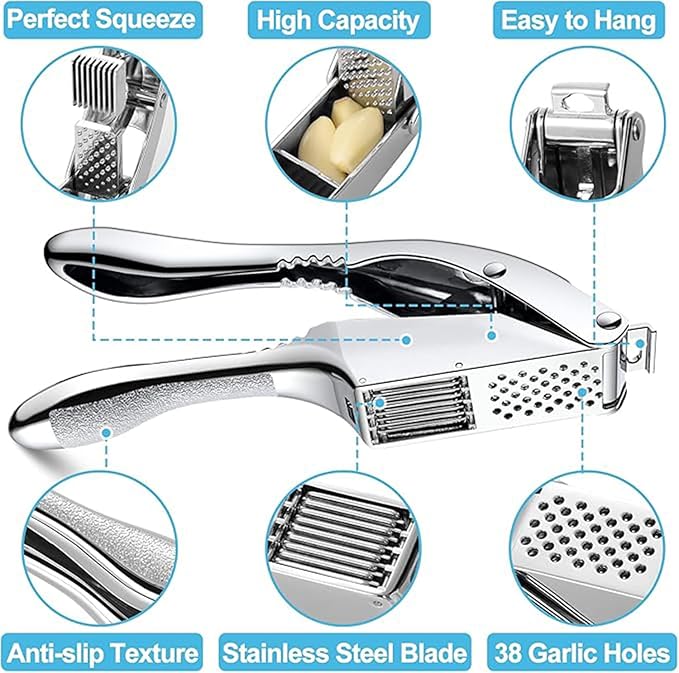 Garlic Press and Slicer 2 in 1, Rust Proof & Dishwasher Safe Professional Garlic Mincer Tool, Effortlessly Crush and Mince Garlic with this Ergonomic Handle-Garlic Slicer & Brush ANCQMI(Pear white)