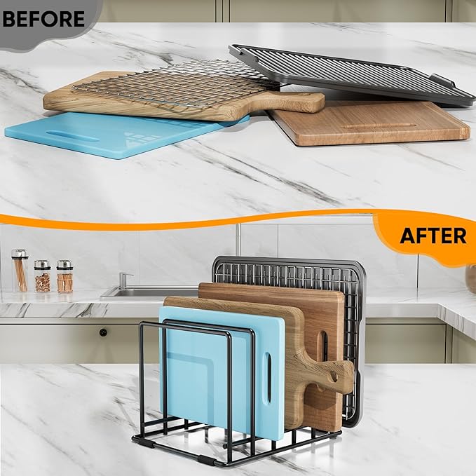 Baking Sheet Organizer Rack – 5-Slot Bakeware & Cookie Tray Holder for Kitchen Cabinet or Countertop, Compact Stainless Steel Cutting Board Rack with Rust-Resistant Frame & Anti-Slip Feet