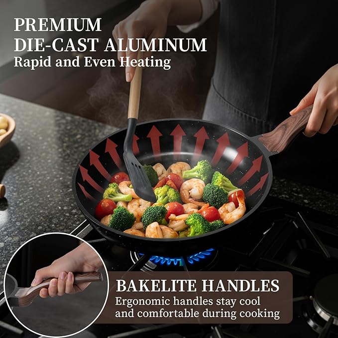 Kikcoin 16Pcs Pots and Pans Set Nonstick Ceramic Cookware Sets Induction Kitchen Cooking Set Non toxic Healthy Non Stick w/Grill Pan, Saute Pan, Black