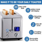 CUSIMAX Stainless Steel 2 Slice Toaster with LED Display, Extra-wide Slots, 6 Browning Settings, Cancel/Bagel/Defrost, Removable Crumb Tray, Silver