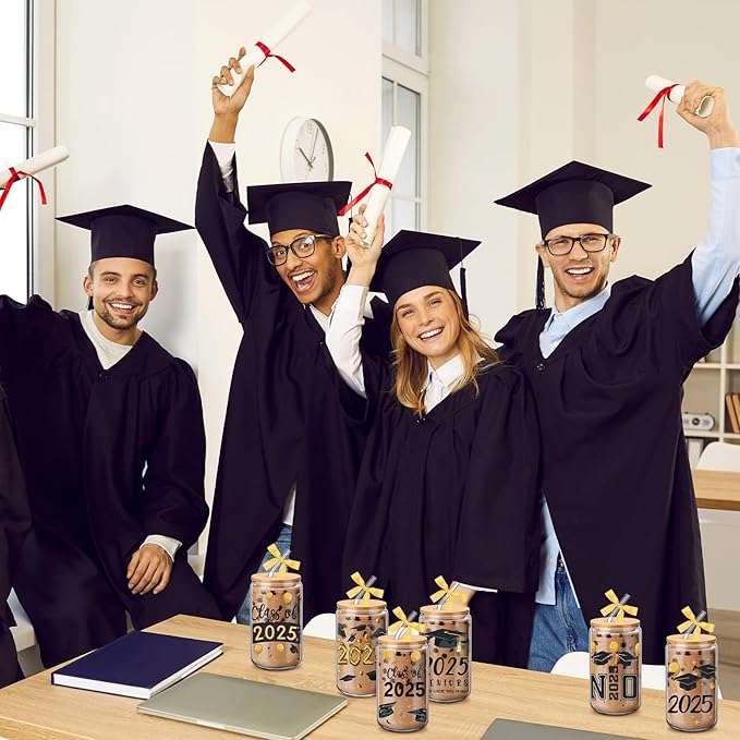 6 Pcs 2025 Graduation Gifts Class of 2025 Graduation Glass Cups with Lids and Straws 16 oz Grad Drinking Tumbler Graduate Iced Coffee Cup for College High School Student Grad Party Favor Gift