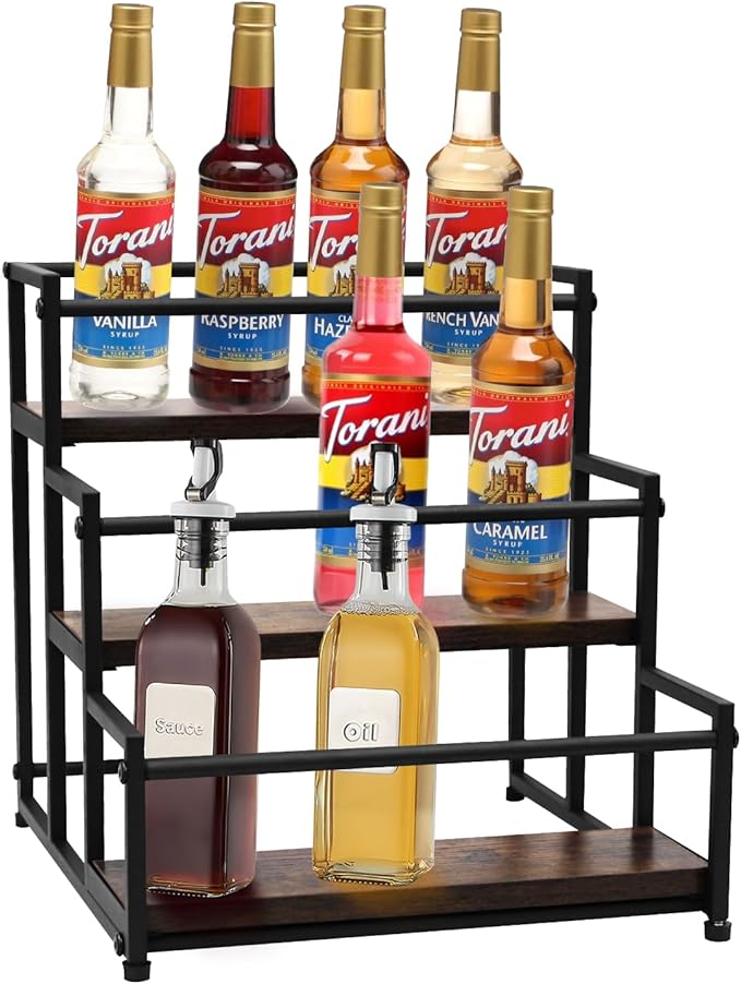 Coffee Syrup Rack - 3-Tier 12 Syrup Bottles Holder - Liquor Bottle Display Shelf - Kitchen Cabinet Organizer for Jars, Condiments - Wooden Countertop Organizer for Seasonings, Tea, or Coffee