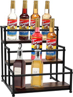 Coffee Syrup Rack - 3-Tier 12 Syrup Bottles Holder - Liquor Bottle Display Shelf - Kitchen Cabinet Organizer for Jars, Condiments - Wooden Countertop Organizer for Seasonings, Tea, or Coffee
