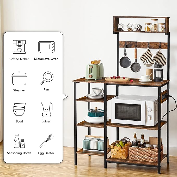 HOOBRO Bakers Rack with Power Outlet, 35.4 Inches Microwave Stand with 4 Hooks, 6 Tiers Kitchen Storage Shelf Rack, Coffee Bar Table, Rustic Brown and Black BF10UHB01