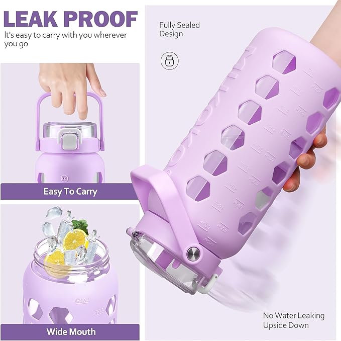 MUKOKO Half Gallon/64 oz Glass Water Bottles with Straw and Lid,Motivational Water Jug with Time Marker Reminder and Silicone Sleeve,100% Leakproof BPA Free Fitness Sports Large Bottle-Purple