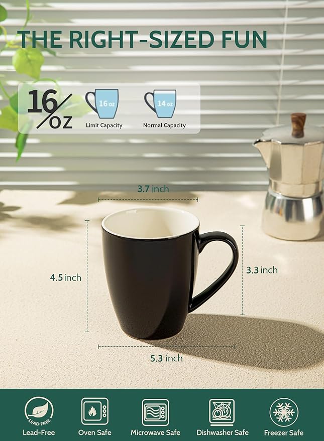 Sweese Porcelain Coffee Mugs - 16 Ounce (Top to the Rim) for Coffee, Latte, Tea, Cocoa, Set of 4, Black