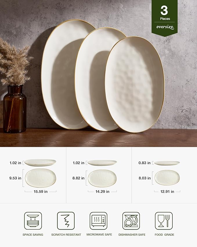 famiware Serving Platter, Oval 15.59/14.3/12.9inch Serving Dishes for Entertaining, Serving Bowls, Microwave Safe, Stoneware Serving Trays for Party, Food, Turkey, Cheese, Ocean Series, Vanilla White