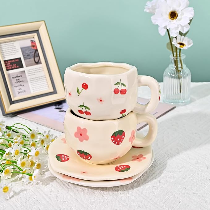 Koythin Ceramic Coffee Mug with Saucer Set, Cute Strawberry Flower Cup Unique Irregular Design for Office and Home, 10 oz/300 ml for Latte Tea Milk