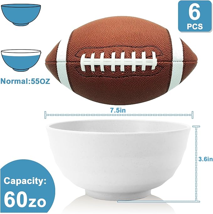 60 OZ Wheat Straw Bowls, Large Popcorn Bowl Sets of 6, Unbreakable Large Serving Bowls for Kitchen, Microwave and Dishwasher Safe Big bowl for Eating, Soup, Ramen, Cereal- White