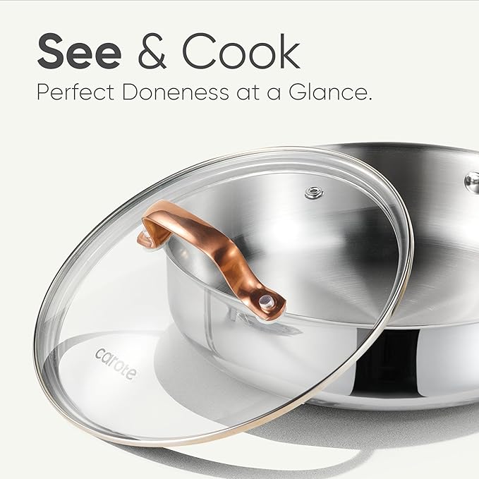 CAROTE 10" Tri-Ply Stainless Steel Deep Frying Pan with Lid, Non-Toxic Saute Pan, Oven Safe, Induction, Ceramic and Gas Cooktops Compatible, Silver