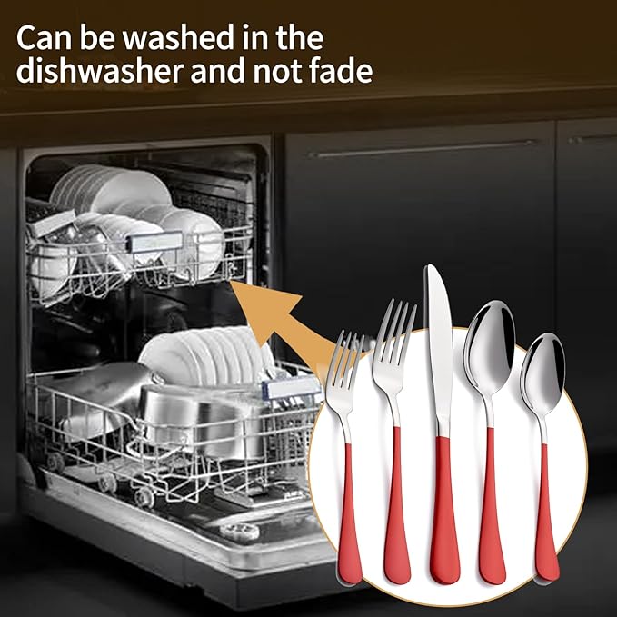 20-Piece Red Silverware Set 18/0 Stainless Steel Silverware Set Red Handle Cutlery Set Service for 4 Dinner Knives Forks Spoons Set Flatware Set Finish Dishwasher Safe