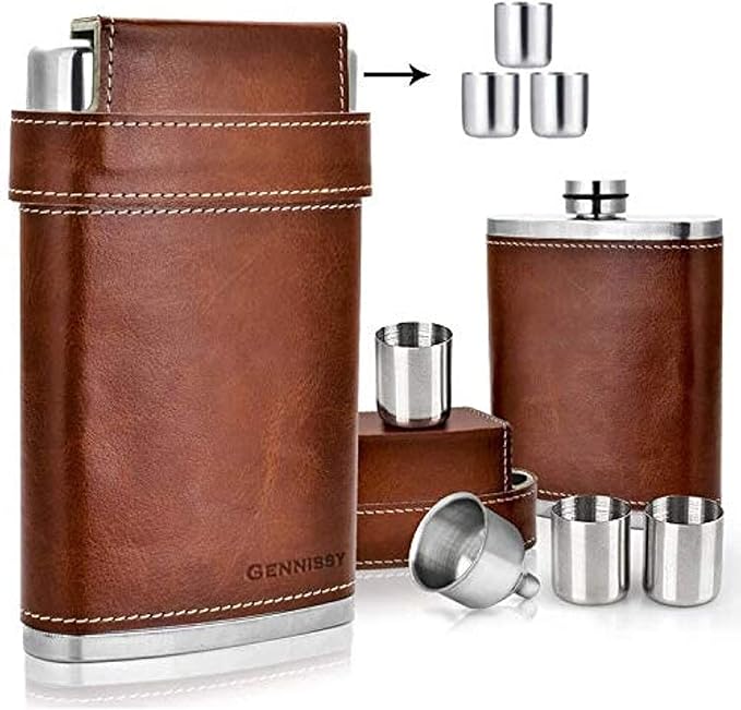 GENNISSY 8oz Hip Flask for Men - 304(18/8) Stainless Steel Bourbon Whiskey Flask, Leakproof with Brown Leather Wrap - Includes Funnel & 3 Mini Cups for Dad, Gifts, Travel