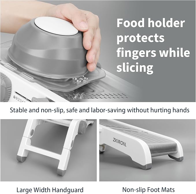 Adjustable Mandoline Slicer - Ultra-Sharp Stainless Steel Blades, Safe Hand Guard, Adjustable Thickness for Fast & Precise Slicing of Vegetables, Fruits & More (Gray)