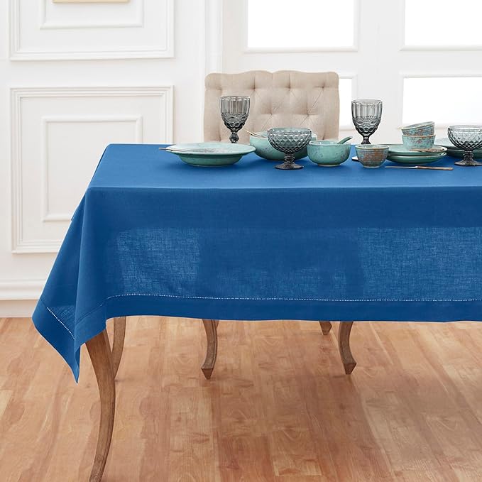 Solino Home Linen Square Tablecloth 52 x 52 Inch - 100% Pure Linen Indigo Blue Table Throw - Classic Hemstitch, Machine Washable Table Cloth for Summer, Fall, Autumn