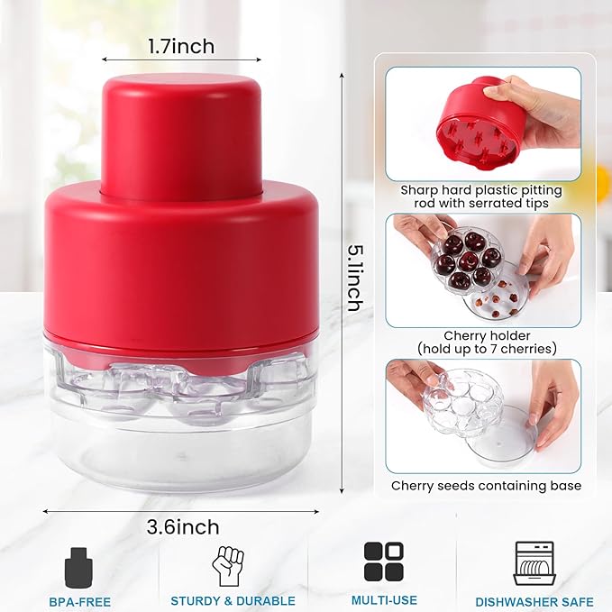 SCHVUBENR 7-IN-1 Large Cherry Pitter Tool - Portable Cherry Corer Pitter with Ergonomic Push Design - Easy to Use for Making Cherry Jam - Pit 7 Cherries at Once, Saving Time & Effort - Red