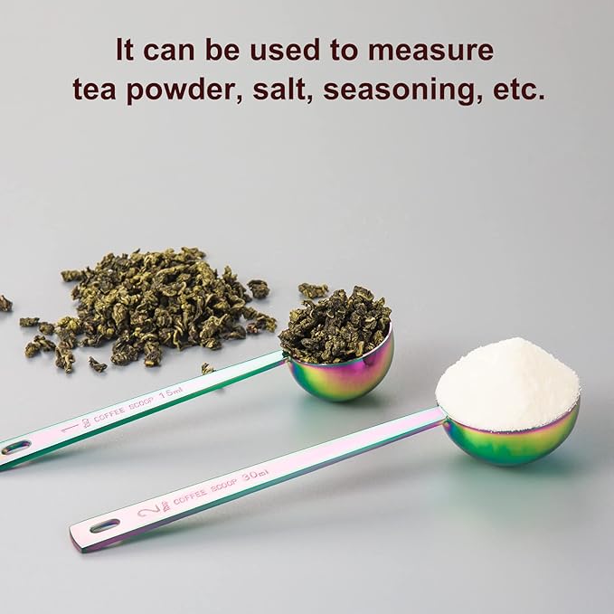 Premium coffee scoop set, set of 2, Metal stainless steel long handle coffee scoop, measuring coffee spoons contains 1 tablespoon (15 ml) and 2 tablespoons (30 ml) multicolor spoon