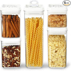 Felli Flip Tite Storage Container with Lid 4" Airtight Ring Seal Top, Stackable Acrylic Canister Jar Set for Kitchen Pantry Organizer, Food Spice Pasta Cereal Snack, Gifts for Women (5pk, Variety)