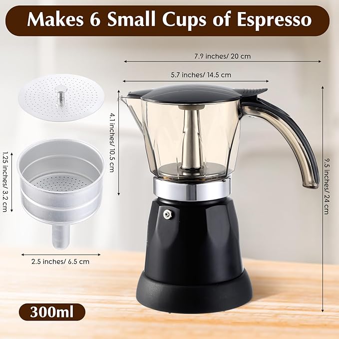 Electric Espresso Maker Transparent Coffee Maker Electric Moka Pot Portable Aluminum Espresso Machine Italian Moka Pot with Detachable Base, Coffee Gift for Women Men Home Travel(Black,6 Cup)