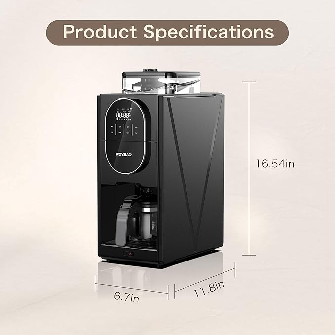 Coffee Maker with Grinder, Programmable Hot and Cold Coffee Maker with 22 oz Glass Carafe, Adjustable Fully Automatic grind and brew Coffee Machine with Timer, Black Americano Iced Coffee Machine